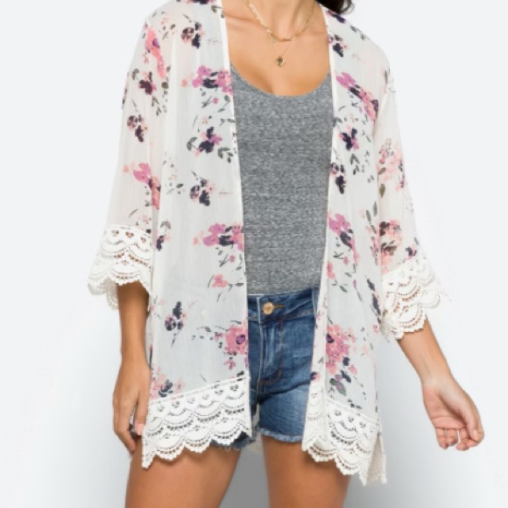 Floral Lace-Trim Sheer Blouse - Cream with Pink & Green
